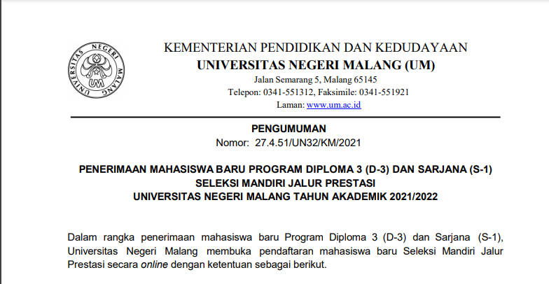Penerimaan Mahasiswa Seleksi Mandiri Jalur Prestasi